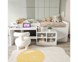 MODFU Ledikant 90x200 cm van hout, wit, met ingebouwde opbergruimte, bureau en geïntegreerde stopcontacten