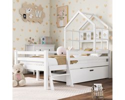 MODFU Ledikant 90x200 cm – Wit Huisbed met Ladder & Opberglade – Uitvalbeveiliging 28 cm – Massief Grenenhout – Veilig Peuterbed voor Kinderslaapkamer – Overgangsbed van Ledikant naar Groot Bed