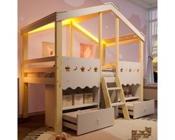 MODFU Ledikant 90x200 cm – wit/naturel – hoogslaper met bureau, LED en opbergruimte