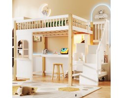 MODFU Ledikant 90x200 cm – wit/roze PU – prinsessenbed met kroon, LED via app en lattenbodem