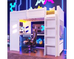 MODFU Ledikant Hoogslaper 90x200 cm – 204x101x165 cm – Wit Massief Hout – Met Bureau, LED (App/ Afstandsbediening) & USB/Type-C – 2 Lades & Kledingstang – Max. 120 kg – Complete Studeerkamer voor Tienerkamer