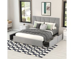 MODFU Ledikant met 4 lades – 140x200 cm – Fluweel grijs met verstelbaar hoofdbord – Laag design met ruime opbergruimte – Stevig bed voor slaapkamer – Fluweel, hout & metaal