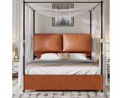 MODFU Leren tweepersoonsbed 160x200 cm met metalen randen, 4 afneembare matrassen en 2 zachte leren kussens