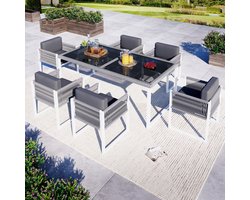 MODFU Loungeset Tuin - 6 Zitplaatsen - Eetkamer Tuinset met Gehard Glazen Tafelblad en Touwdetail - Inclusief Comfortabele Zitkussens - Weerbestendig Metaal en Polyester - Voor Tuin of Terras - Grijs Wit - Tuinmeubelen