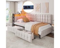 MODFU Luxe Bedbank / Hoekbed met Lades (90x200) - Gestoffeerd Slaapbank met Blokpatroon, USB/Type-C & LED - Beige