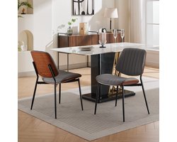 MODFU Luxe Eetkamerstoel - Mid-Century Retro Stoel met Ribbel Design - PU Leer & Walnoot Hout - Grijs / Zwart