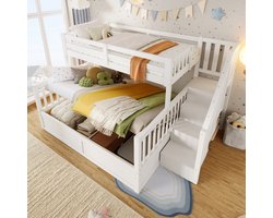 MODFU Luxe Familie Stapelbed (90x200 / 140x200) - 3-Persoons Kinderbed met Opbergtrap & Hydraulische Opbergruimte - Wit