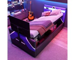 MODFU Luxe Gaming Bed (90x200) met Monitorhouder & RGB LED - E-Sports Tienerbed met Hydraulisch Opbergruimte - Zwart / Paars