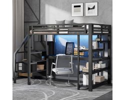 MODFU Luxe Gaming Hoogslaper (140x200) - Tweepersoons Loftbed met L-Bureau, App-Gestuurde LED & Kast - Zwart Metaal