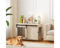 MODFU Luxe Hondenbench Meubel op Wielen (100 cm) - Kamerkennel & Sidetable met Schuifdeur - Hout Eikenkleur - Voor Middelgrote Honden