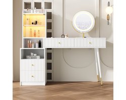 MODFU Luxe Kaptafel met LED Spiegel & Glazen Vitrine - Make-up Tafel met 4 Lades & App Verlichting - Wit (100 cm)