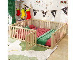 MODFU Luxe Montessori Vloerbed (140x200) - Naturel Massief Houten Grondbed met Hekje & Deurtje - Speelhuisje & Kinderbed