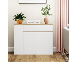 MODFU Luxe Smal Dressoir (30 cm Diep) - Scandinavische Sidetable met Lade & Open Vakken - Wit / Naturel - 105x81,5 cm