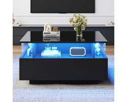 MODFU Luxe Vierkante Salontafel met RGB-LED (70x70) - Zwart Hoogglans Koffietafel met 2 Lades & Glazen Display - Smart App