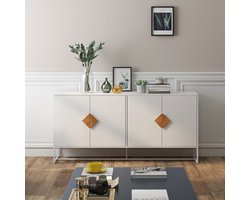 MODFU Massief Houten Sideboard met Speciale Vierkante Handgrepen, 4 Deuren en Dubbele Opbergruimte