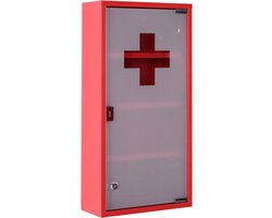 MODFU Medicijnkast - Afsluitbaar En Tip-On - Strak - Voor Thuis En Kantoor - Staal En Glas - Rood - 30 X 12 X 60 Cm