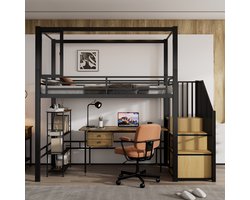 MODFU Metalen hoogslaper 90x200 cm met trapkast en opbergvakken, magnetisch acrylraam, vrije onderruimte, zwart/naturel, met MDF