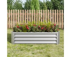 MODFU Metalen Moestuinbak (120x61x30) - Verhoogde Plantenbak / Kweekbak met Open Bodem - Verzinkt Staal - Zilver