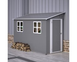 MODFU - Metalen Tuinschuur - Aanleunend - Met Afsluitbare Deur En 2 Ramen - Voor Tuin Of Terras - Metaal - Grijs - 291 x 110,8 x 188,6 cm