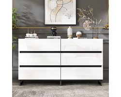 MODFU Modern dressoir 140x39.5x78.5 cm in wit en zwart, hoogglans afwerking met 6 lades, stevige opbergkast met 3 metalen poten voor woonkamer