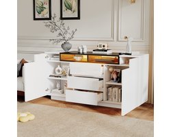 MODFU Modern dressoir 140x40x68 cm in wit en zwart, hoogglans afwerking met LED-verlichting, 3 lades, 2 L-vormige deuren en verstelbare schappen