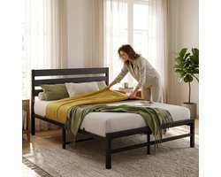 MODFU Modern tweepersoonsbed 140x200 cm zwart met metalen frame en lattenbodem, stevig en minimalistisch design