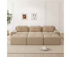 MODFU Modulaire Bank - Diepe Zit En Slaapfunctie - Minimalistisch - Voor Woonkamer - Ribstof - Beige