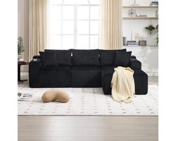 MODFU Modulaire Bank - Met Chaise Longue En 2-Zits - Zijvakken En Bekerhouders - Voor Woonkamer - Ribfluweel - Zwart