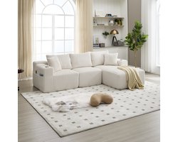 MODFU - Modulaire Bank - Met Liggedeelte En Zijvakken - Met Bekerhouders - Voor Woonkamer - Ribstof - Beige - 257 x 90-160 x 62 cm