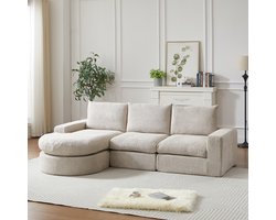 MODFU Modulaire Hoekbank – 251x160x81 cm – omkeerbaar liggedeelte – geen montage nodig – dubbellaagse zitting met nekondersteuning – zachte chenille – comfortabele sofa – beige
