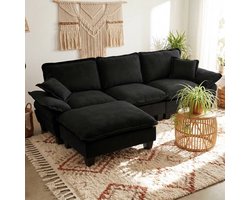 MODFU - Modulaire Hoekbank - L-Vormig Met Verplaatsbare Ottomaan - Modern - Woonkamer - Chenille - Zwart - 263 x 151 x 90 cm