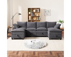 MODFU - Modulaire Hoekbank - Met Opbergruimte En USB-Aansluitingen - Modern - Voor Woonkamer - Corduroy - Grijs - 280 X 151 X 82 Cm