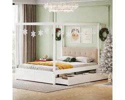 MODFU Montessori Tentbed 140x200 cm – Met tentdak, muskietennet & 2 grote laden – Zacht hoofdbord – Stevig hout – Wit
