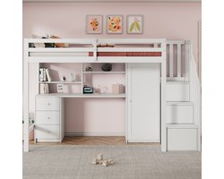 MODFU Multifunctioneel Stapelbed – Met bureau, kast en opbergruimte – 2x 90x200 cm – Massief hout – Wit