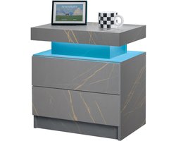 MODFU Nachtkastje met 2 Lades - LED Verlichting Multicolor - Grijs en Goud - Modern Slaapkamermeubel - 49x34,8x52,1 cm