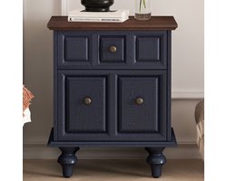 MODFU Nachtkastje van MDF met massief houten zuilen, vintage stijl met 2 lades en metalen handgrepen, donkerblauw
