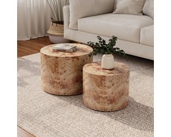 MODFU - Nestbare Salontafelset Van 2 - Ronde Bijzettafels - Moderne Landelijke Stijl - Voor Woonkamer Of Slaapkamer - Massief Hout En MDF - Naturel