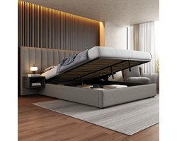 MODFU Opbergbed met 2 Nachtkastjes – 180x200 cm – Hydraulisch – Linnen – Grijs & Zwart