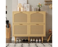 MODFU Opbergkast 100x25x90 cm van spaanplaat en rattan, met 4 klapladen, licht eiken, houten poten