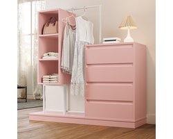 MODFU - Opbergkast - 4 Laden En 3 Open Vakken - Minimalistisch - Voor Hal Of Slaapkamer - Spaanplaat En Metaal - Roze En Wit - 100 x 40 x 135 cm