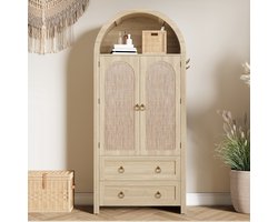 MODFU Opbergkast met rotan deuren en laden – 80x40x180 cm – Multifunctionele kast voor woonkamer of slaapkamer – MDF – Eikenkleur