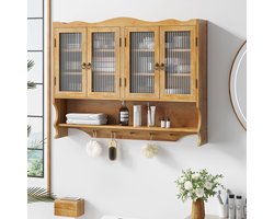 MODFU - Opbergkast - Vier Deuren En Open Hakenrek - Verwijderbare Planken - Voor Badkamer Of Keuken - Hout En Glas - Naturel - 100 X 20 X 80 Cm