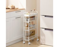 MODFU - Opbergwagen - 3 Uittrekbare Manden En Bovenblad - Smal Ontwerp - Voor Keuken Of Badkamer - Metaal - Wit - 43,2 x 19 x 80 cm
