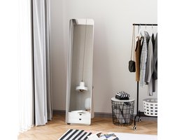 MODFU Passpiegel – 37 x 43 x 156 cm – Vrijstaand & wandmontage – Minimalistisch design – Geschikt voor hal, slaapkamer & woonkamer – Hout en spiegelglas – Wit
