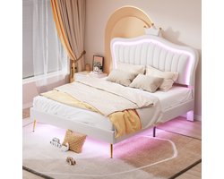 MODFU Polsterbed 140x200 cm – 203x152x(122-134) cm – Kroonvormig hoofdbord met RGB LED – Wit PU-kunstleer – Verstelbaar – Prinsessenbed