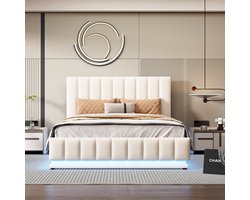 MODFU Polsterbed 140x200 cm met LED, hydraulische opbergruimte, verstelbaar hoofdeinde, wit