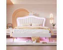 MODFU Polsterbed 140x200 cm wit - kroonvormig hoofdbord, PU-kunstleer, RGB LED, verstelbaar