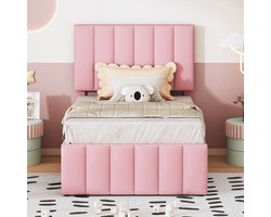 MODFU Polsterbed 90×200 met uitschuifbed en 3 opberglades, linnen bekleed, roze ideaal als logeerbed
