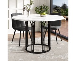 MODFU Ronde eettafel 100 cm, marmerlook MDF blad, stevig metalen onderstel zwart, verstelbare voeten