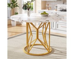 MODFU Ronde eettafel 100×100×76 cm – marmerlook MDF-blad, gouden metalen poten, verstelbaar